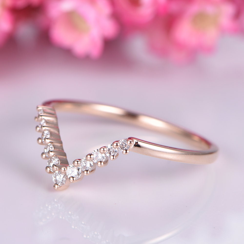 14k rose gold diamond wedding band V shaped diamond matching band natural real SI clarity stone half eternity ring curved band