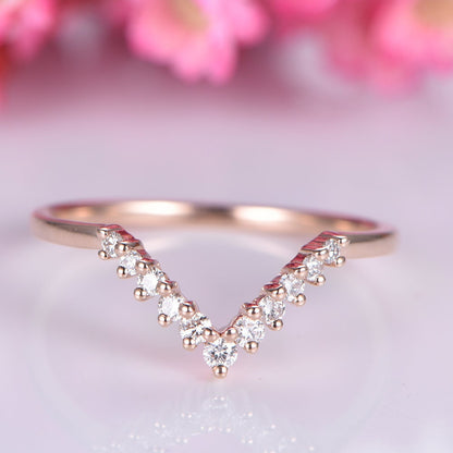 14k rose gold diamond wedding band V shaped diamond matching band natural real SI clarity stone half eternity ring curved band