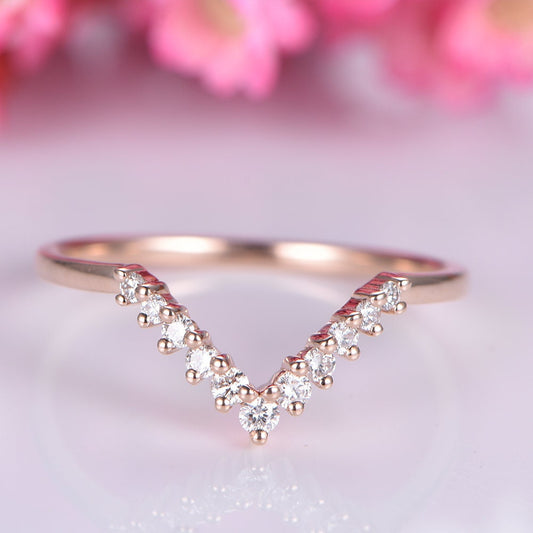 14k rose gold diamond wedding band V shaped diamond matching band natural real SI clarity stone half eternity ring curved band