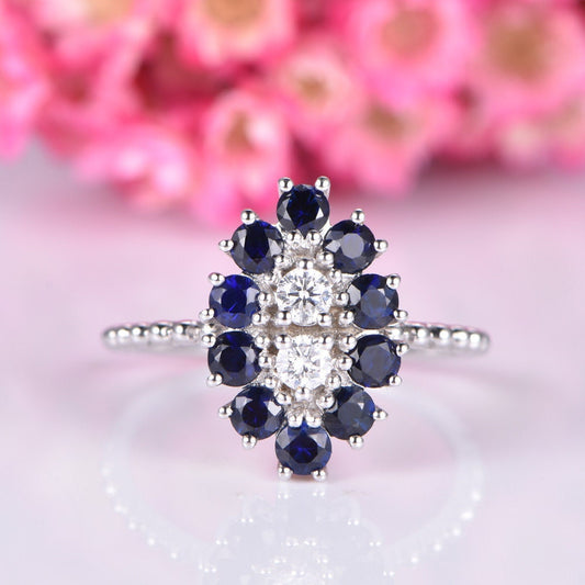 Blue sapphire ring 14k white gold moissanite engagement ring special milgrain gemstone wedding ring lab-created stones plain gold band