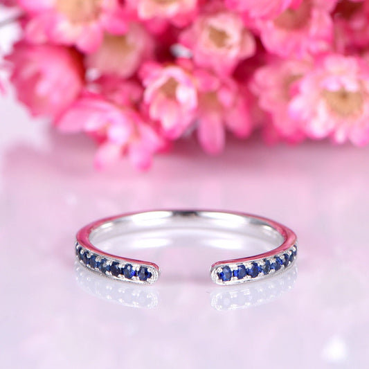 Sapphire wedding band 14k white gold open ring natural sapphire matching band half eternity ring custom bridal ring anniversary gift for her