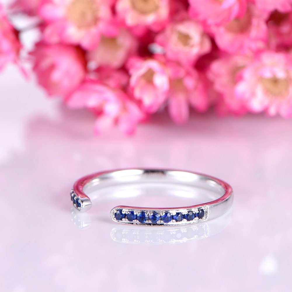 Sapphire wedding band 14k white gold open ring natural sapphire matching band half eternity ring custom bridal ring anniversary gift for her