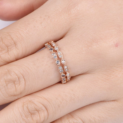 Diamond wedding band wedding ring set half eternity diamond ring art deco blue topaz matching band solid 14k rose gold stacking rings