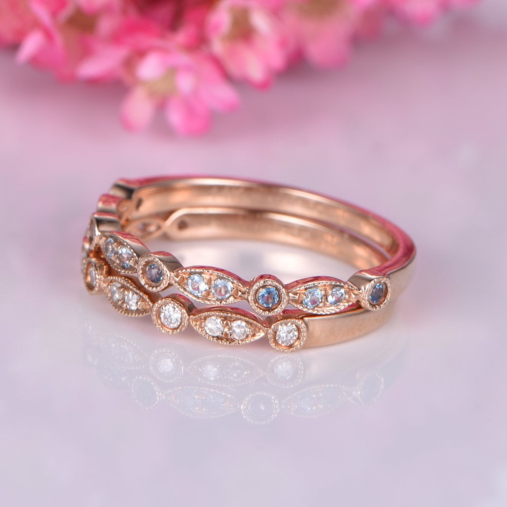 Diamond wedding band wedding ring set half eternity diamond ring art deco blue topaz matching band solid 14k rose gold stacking rings