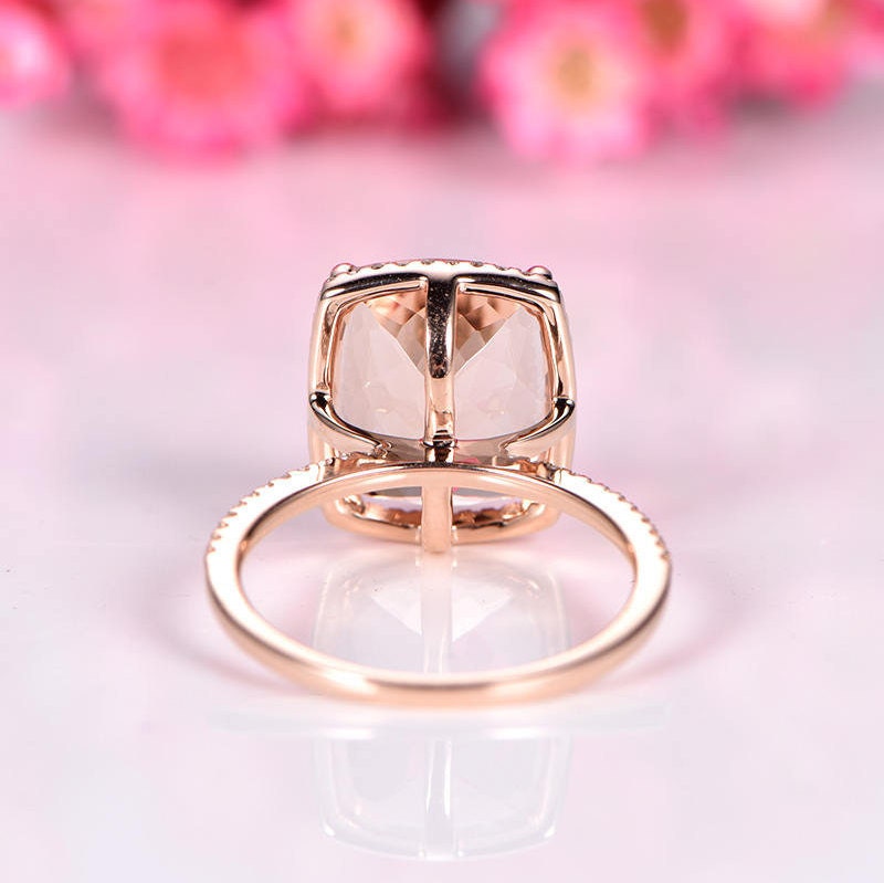 Big cushion morganite engagement ring 10x12mm morganite ring diamond wedding band solid 14k rose gold stacking ring promise ring customized