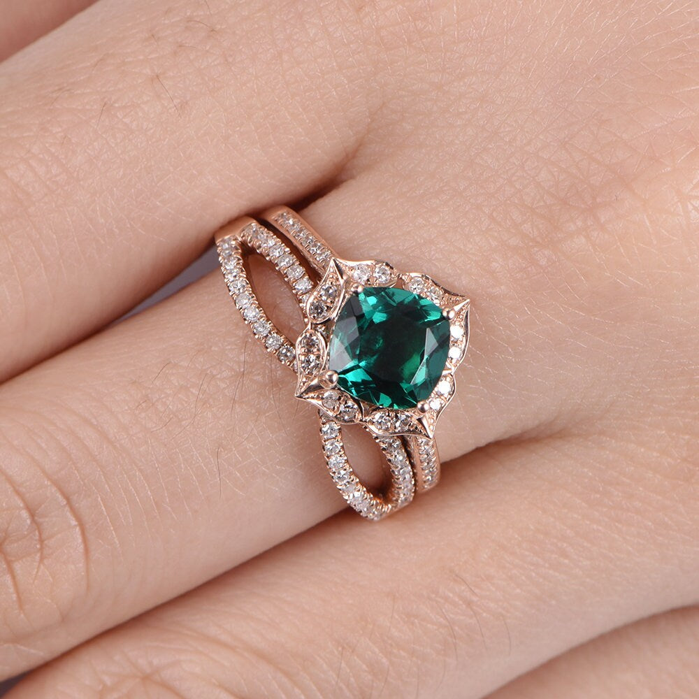 Wedding ring set emerald engagement ring 7mm cushion cut lab created emerald half eternity diamond matching band solid 14k rose gold