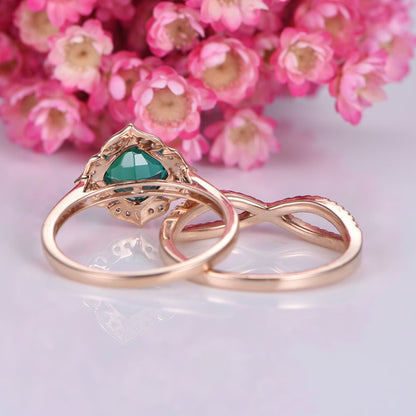 Wedding ring set emerald engagement ring 7mm cushion cut lab created emerald half eternity diamond matching band solid 14k rose gold