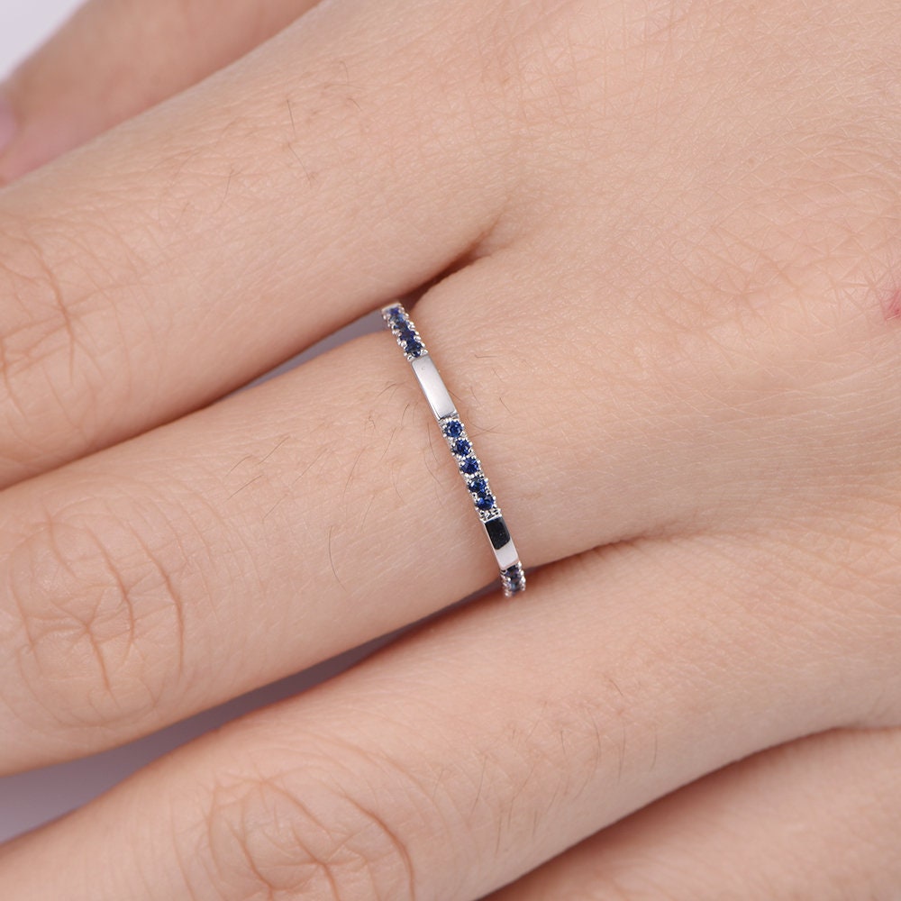 Half eternity blue sapphire ring 14k white gold sapphire band natural fancy French pave stone stacking matching band men's ring