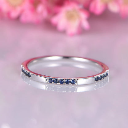 Half eternity blue sapphire ring 14k white gold sapphire band natural fancy French pave stone stacking matching band men's ring