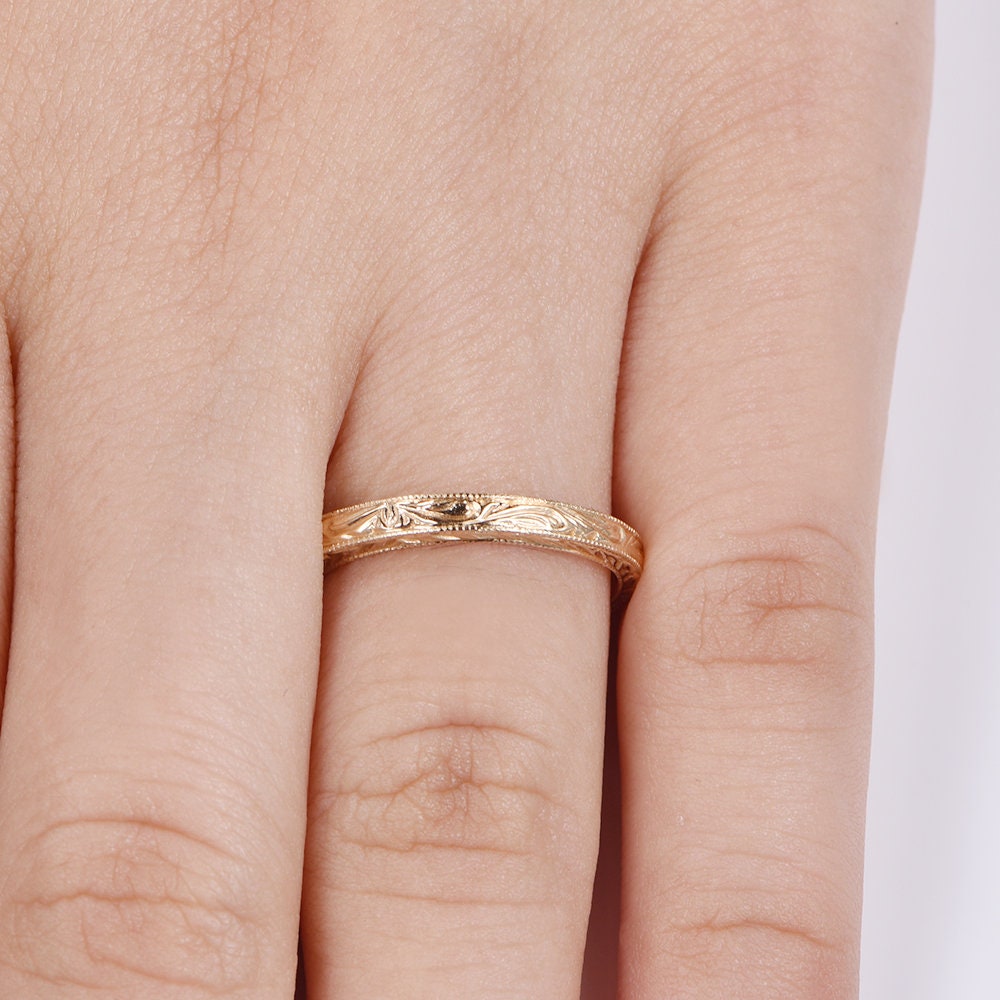 14k Plain Gold Ring Yellow Gold Filigree Milgrain Edge Wedding Band Stacking Matching Band Retro Vintage Anniversary Ring