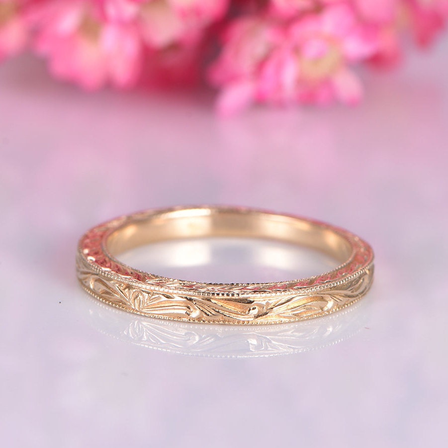 14k Plain Gold Ring Yellow Gold Filigree Milgrain Edge Wedding Band Stacking Matching Band Retro Vintage Anniversary Ring