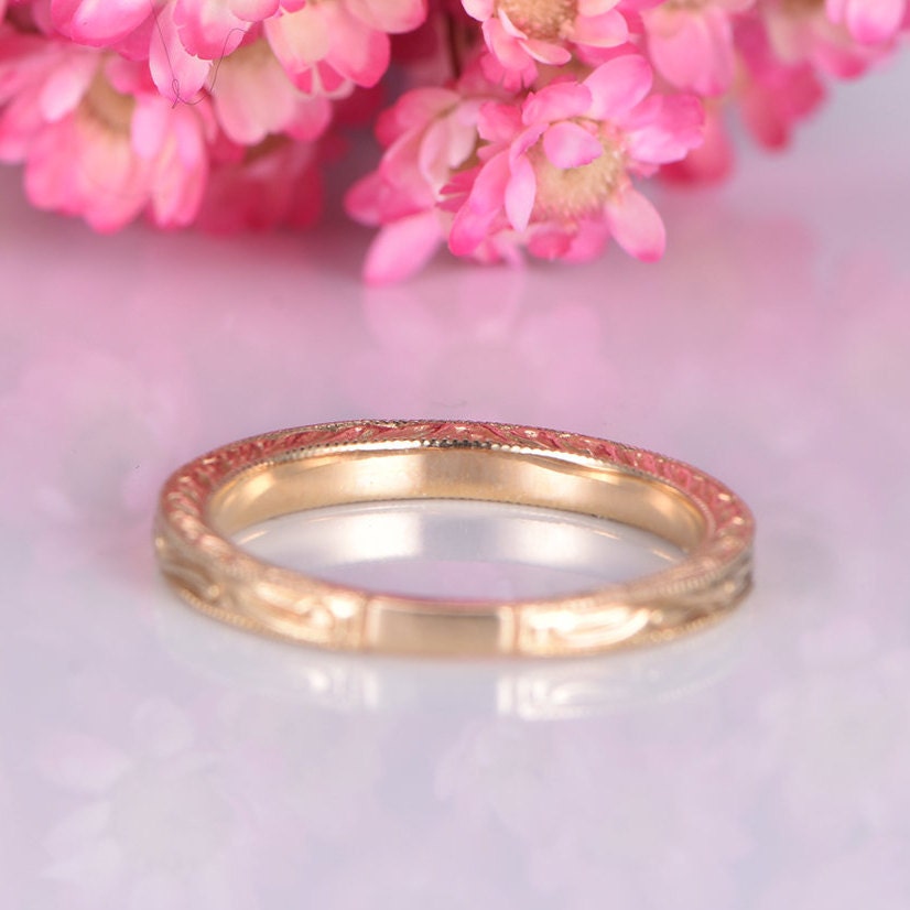 14k Plain Gold Ring Yellow Gold Filigree Milgrain Edge Wedding Band Stacking Matching Band Retro Vintage Anniversary Ring