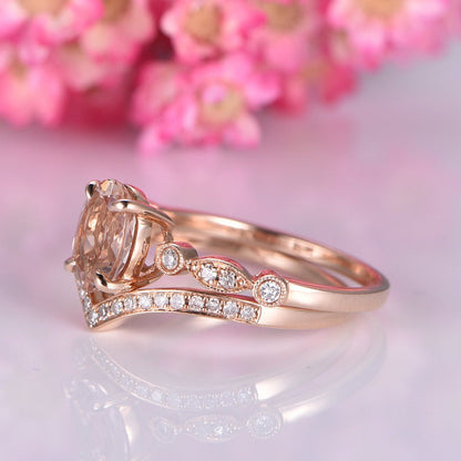 Morganite ring set rose gold morganite engagement ring 6x8mm oval cut stone art deco diamond wedding band milgrain bridal ring set