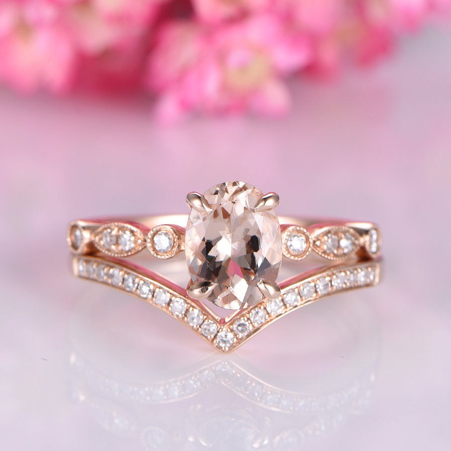 Morganite ring set rose gold morganite engagement ring 6x8mm oval cut stone art deco diamond wedding band milgrain bridal ring set