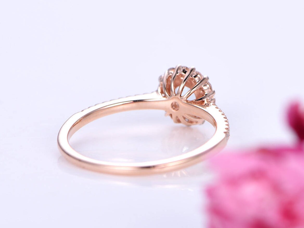 Galax engagement ring 5mm round bule sandstone ring floral moissanite halo half eternity diamond band anniversary ring Promise ring for her