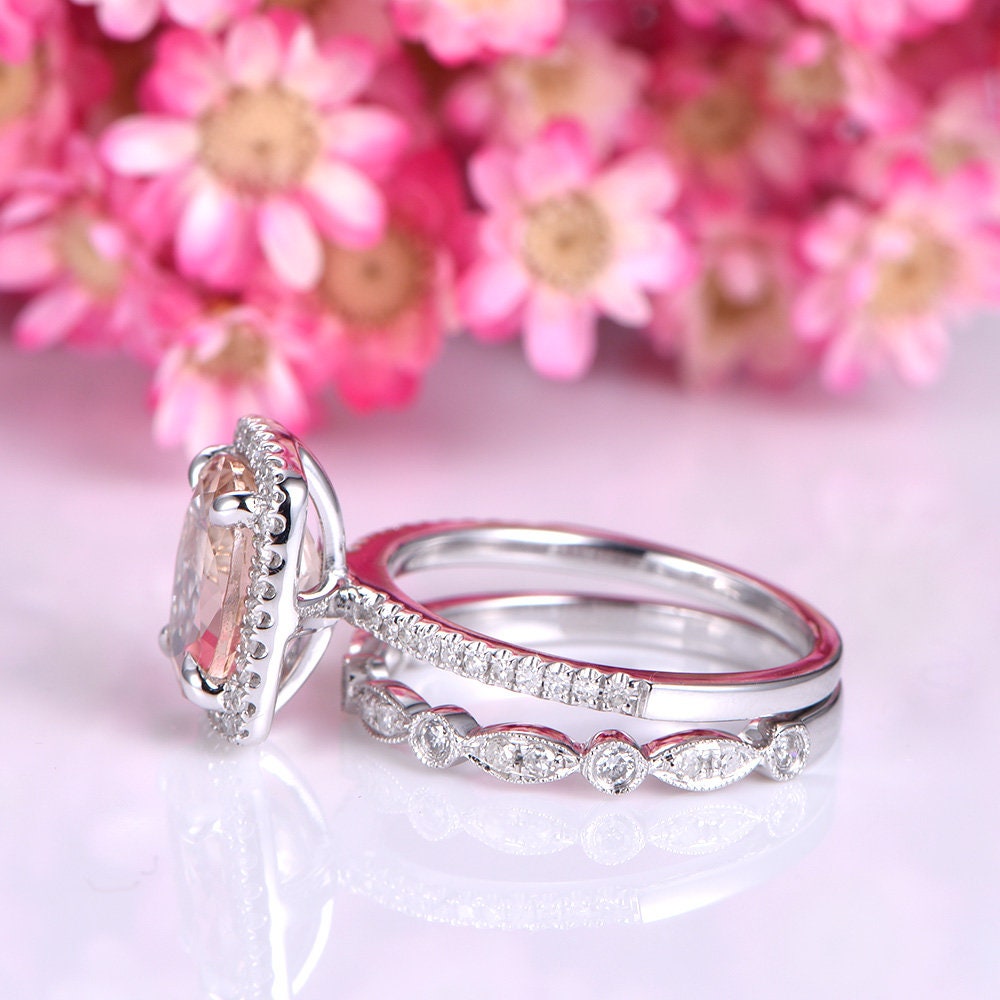 Morganite ring set morganite engagement ring 7x9mm oval cut natural gemstone art deco diamond wedding band half eternity ring 14k rose gold