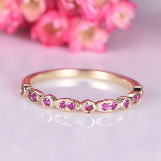 Ruby ring 14k rose gold ruby wedding band art deco milgrain half eternity ring stacking matching band natural red ruby July birthstone gift