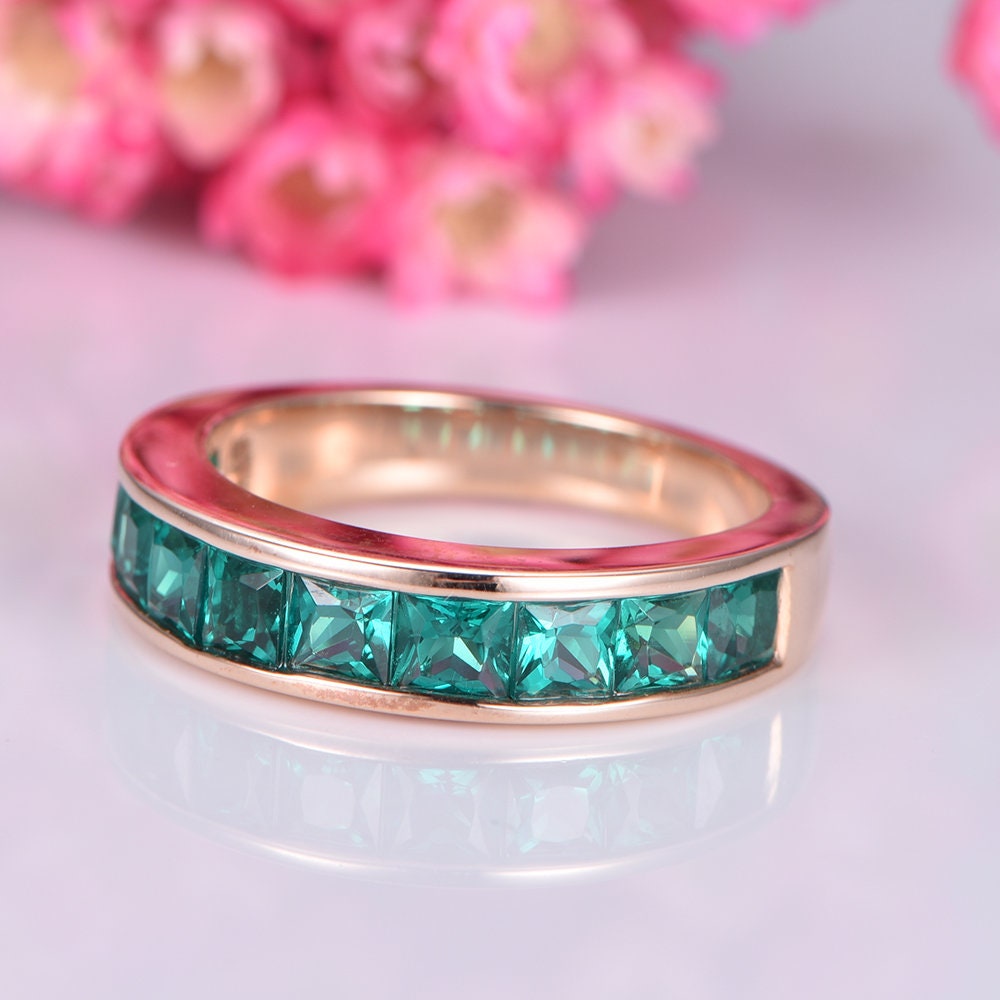 Emerald ring men wedding band 14k rose gold bridal ring princess cut emerald May birthstone pomise ring custom jewelry