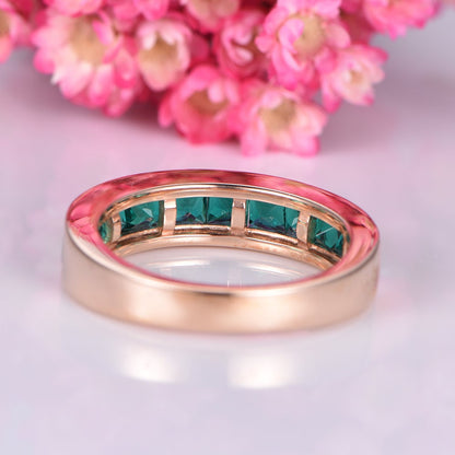 Emerald ring men wedding band 14k rose gold bridal ring princess cut emerald May birthstone pomise ring custom jewelry