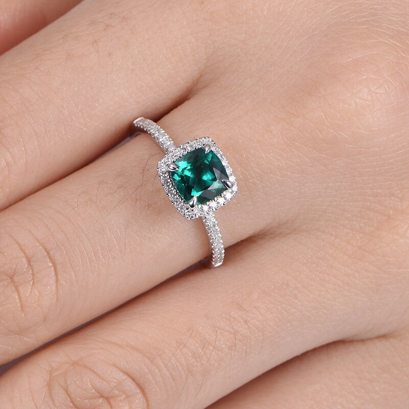 14K white Gold emerald engagement ring diamond promise ring half eternity band natural diamond lab emerald 6mm cushion cut stone