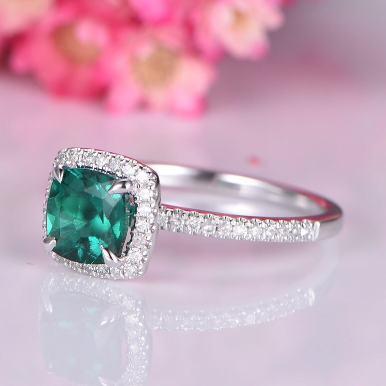 14K white Gold emerald engagement ring diamond promise ring half eternity band natural diamond lab emerald 6mm cushion cut stone