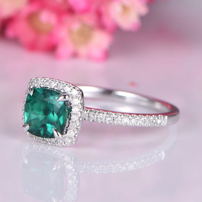 14K white Gold emerald engagement ring diamond promise ring half eternity band natural diamond lab emerald 6mm cushion cut stone