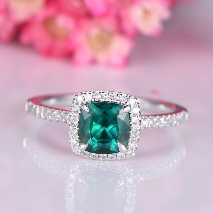 14K white Gold emerald engagement ring diamond promise ring half eternity band natural diamond lab emerald 6mm cushion cut stone