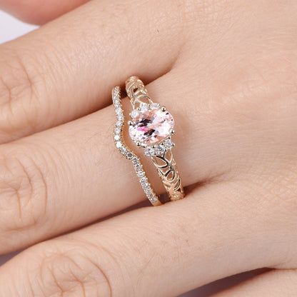 Morganite engagement ring Set 14k Yellow Gold 5x7mm oval cut morganite Promise Ring Diamond Matching Band Half Eternity Ring Bridal Set