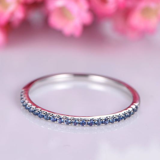 Blue sapphire wedding band 14k white gold half eternity ring petite matching band natural sapphire stacking ring custom jewelry