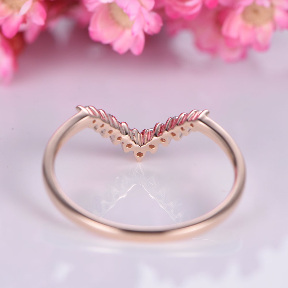 14k rose gold diamond wedding band V shaped diamond matching band natural real SI clarity stone half eternity ring curved band