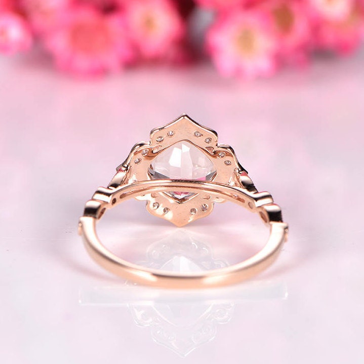 Natural morganite engagement ring 7mm cushion cut morganite ring floral diamond halo diamond wedding band solid 14k rose gold stacking ring