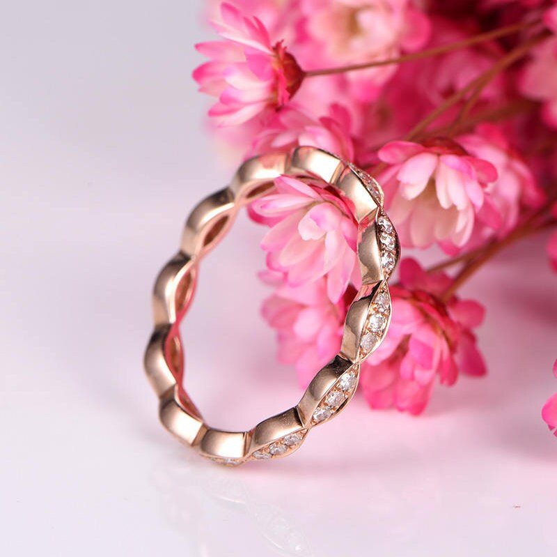 Diamond ring diamond wedding band full eternity ring milgrain stacking matching band diamond bridal ring solid 14k rose gold custom ring