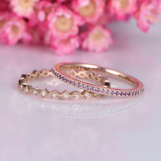 Diamond wedding band rose gold full eternity ring milgrain diamond matching band natural amethyst wedding ring stacking band customized