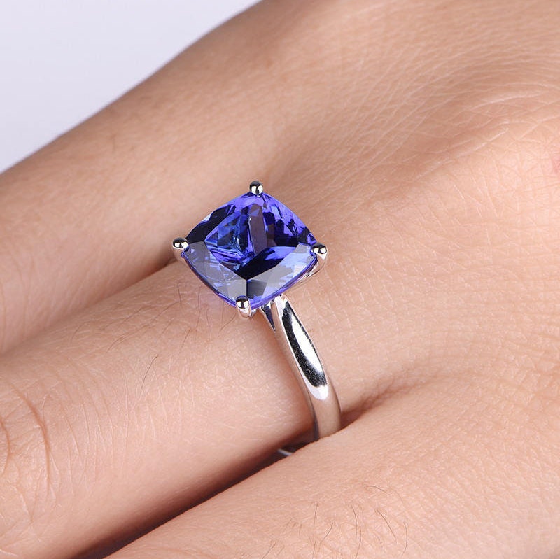 9mm cushion cut Sapphire engagement ring lab created blue sapphire plain gold band solid 14k white gold anniversary ring custom jewelry