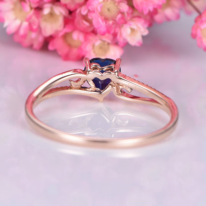 Heart shape sapphire engagement ring 6.5mm lab created blue sapphire diamond floral band solid 14k  bridal promise ring gift custom jewelry