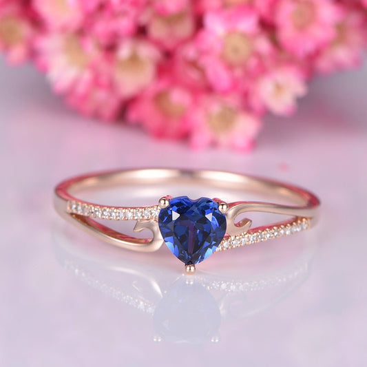 Heart shape sapphire engagement ring 6.5mm lab created blue sapphire diamond floral band solid 14k  bridal promise ring gift custom jewelry