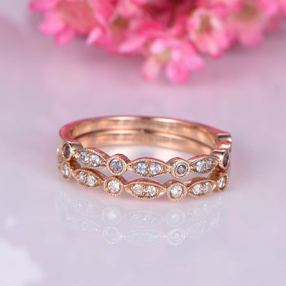 Diamond wedding band wedding ring set half eternity diamond ring art deco blue topaz matching band solid 14k rose gold stacking rings