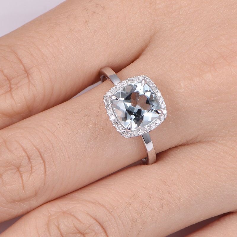 Blue Aquamarine engagement ring 14 white gold plain gold band diamond wedding ring natural 8mm cushion VS stone real diamond halo ring gift