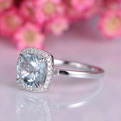Blue Aquamarine engagement ring 14 white gold plain gold band diamond wedding ring natural 8mm cushion VS stone real diamond halo ring gift
