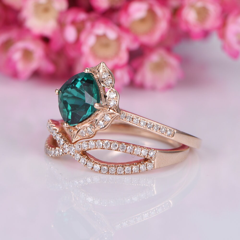 Wedding ring set emerald engagement ring 7mm cushion cut lab created emerald half eternity diamond matching band solid 14k rose gold