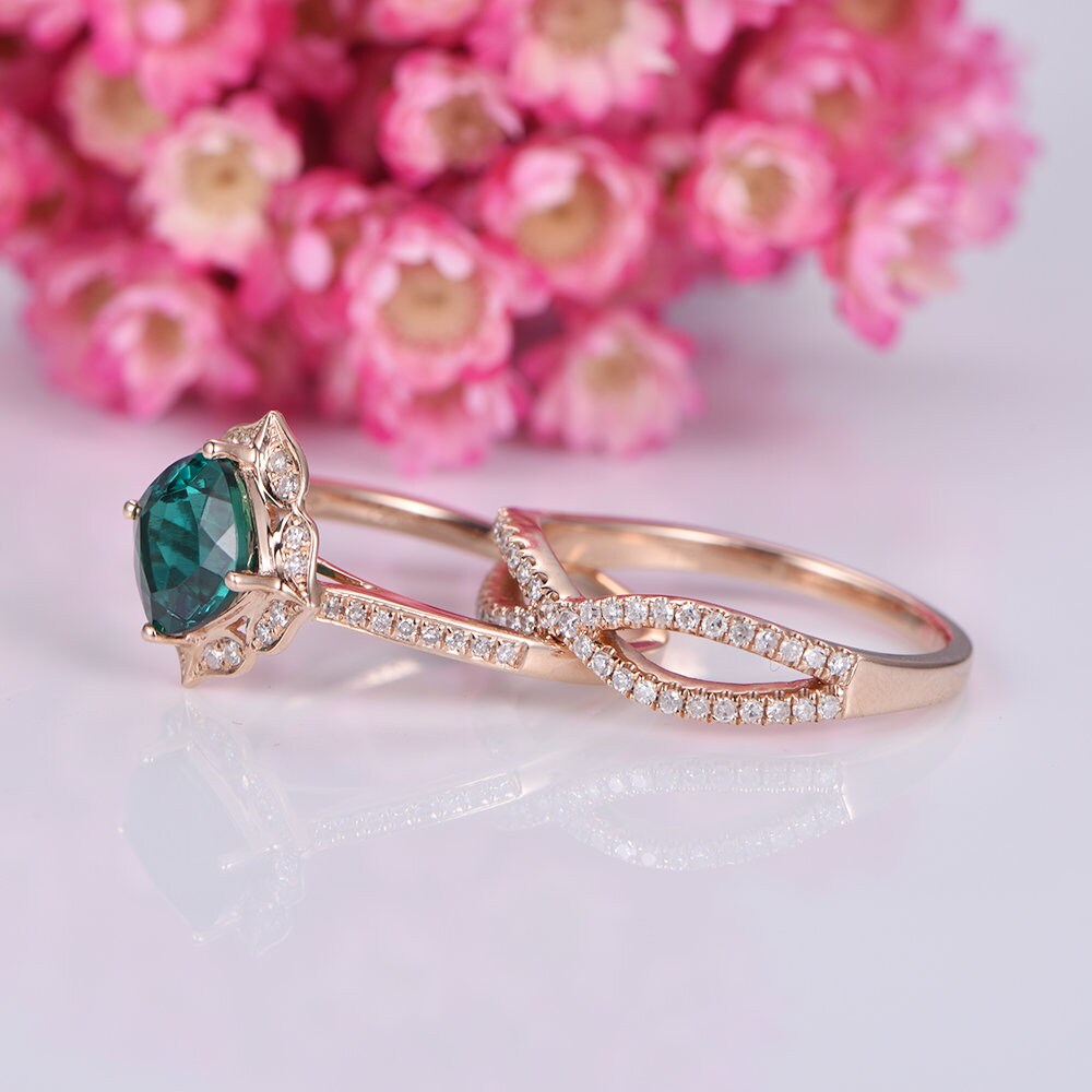 Wedding ring set emerald engagement ring 7mm cushion cut lab created emerald half eternity diamond matching band solid 14k rose gold