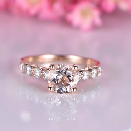 Pink morganite engagement ring rose gold moissanite wedding band 6.5mm round cut VS morganite Promise Ring 14k gemstone solitaire ring