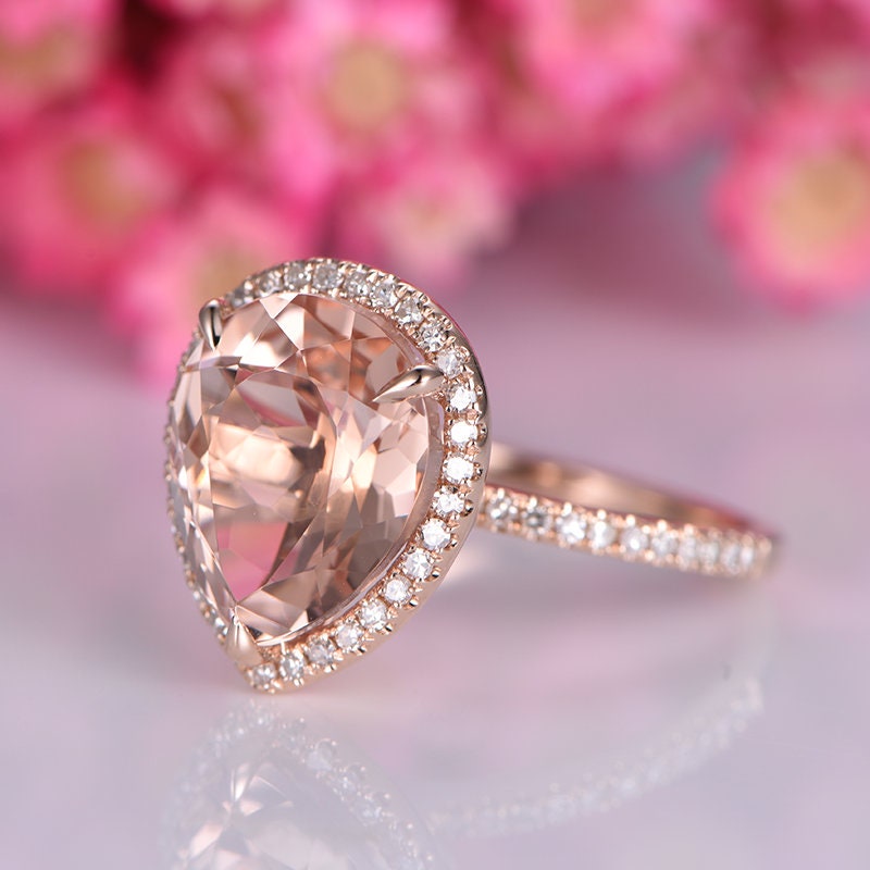 Big morganite engagement ring rose gold heart shape 10x12mm morganite natural diamond wedding band stacking style ring halo promise