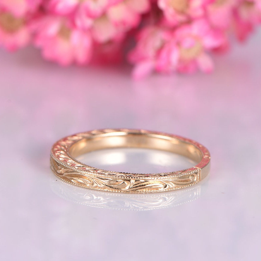 14k Plain Gold Ring Yellow Gold Filigree Milgrain Edge Wedding Band Stacking Matching Band Retro Vintage Anniversary Ring