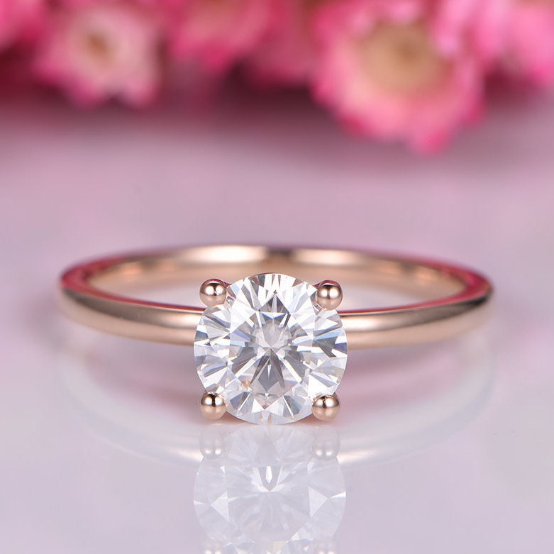 Moissanite engagement ring 14k rose gold plain gold wedding band solitaire ring 6.5mm round cut Charles & Colvard moissanite ball prongs