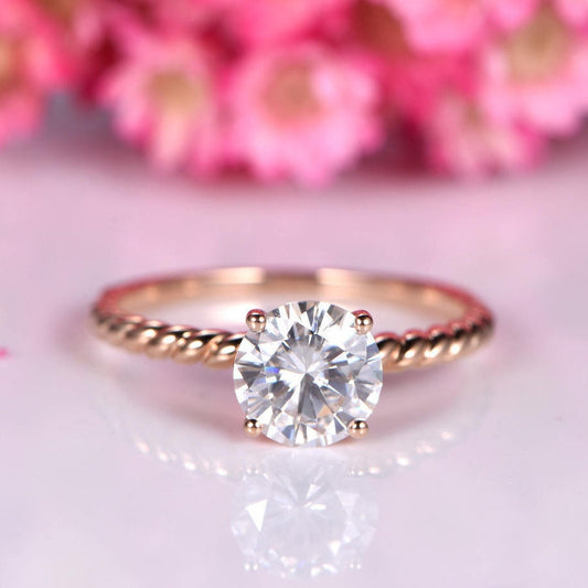 Charles & Colvard moissanite engagement ring 7mm round cut moissanite plain gold band twist wedding band solid 14k rose gold solitaire ring