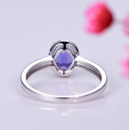 Tanzanite Ring 6x8mm oval cut tanzanite engagement ring diamond ring diamond halo plain gold band solid 14k white gold ring custom jewelry