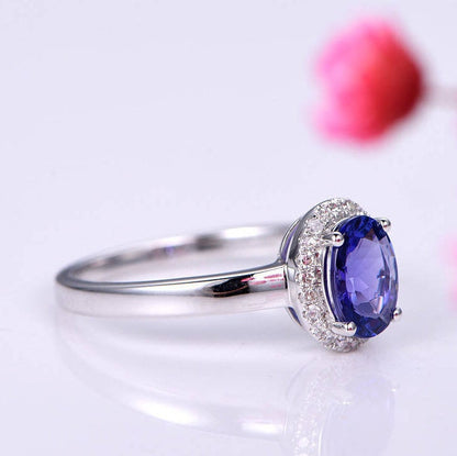 Tanzanite Ring 6x8mm oval cut tanzanite engagement ring diamond ring diamond halo plain gold band solid 14k white gold ring custom jewelry