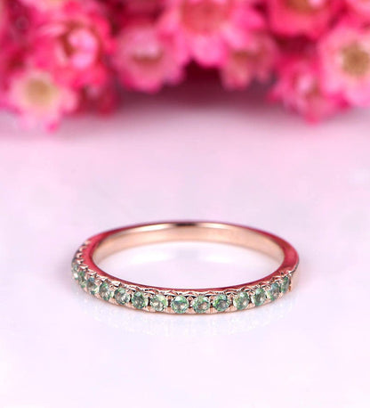 Wedding band emerald ring natural emerald wedding ring half eternity ring solid 14k rose gold stacking ring matching band bridal ring