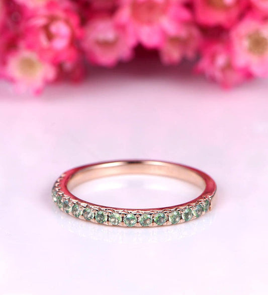 Wedding band emerald ring natural emerald wedding ring half eternity ring solid 14k rose gold stacking ring matching band bridal ring